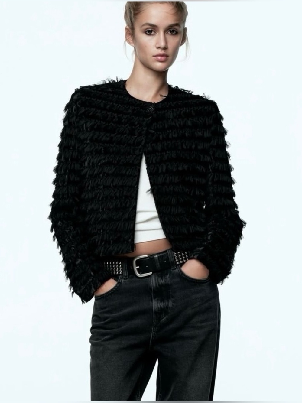 NWT Zara Tulle Noir Velour Cropped Jacket XS Oversize Fringe Ruffle Button Close